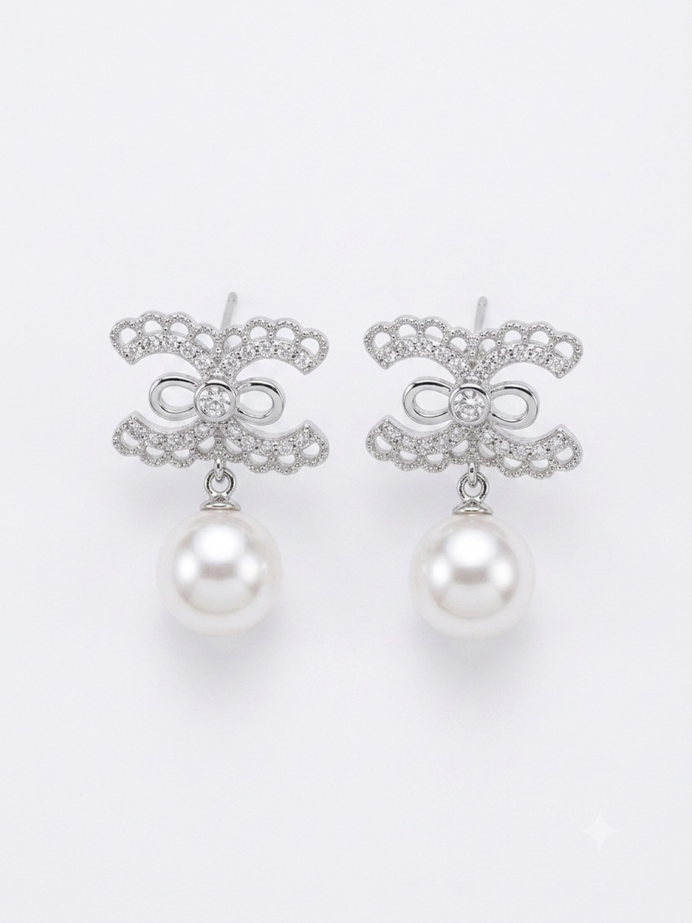 Silver Bow Pearl Drop Earrings - White Pearls